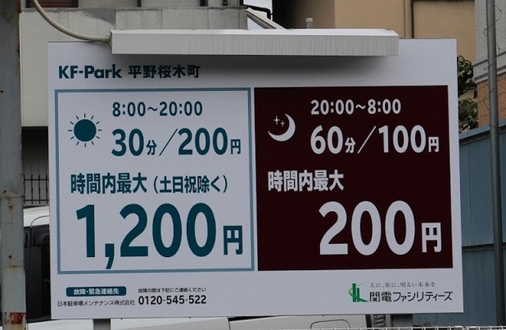 KF-Park平野桜木町コインパーキング駐車料金表