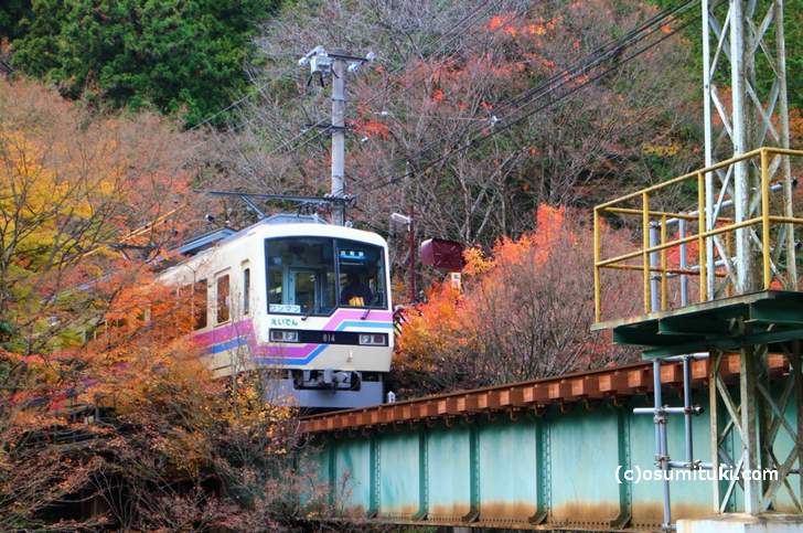 貴船口駅の叡電車両の写真と紅葉