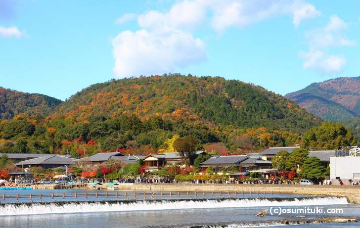渡月橋から見た嵐山の「小倉山」