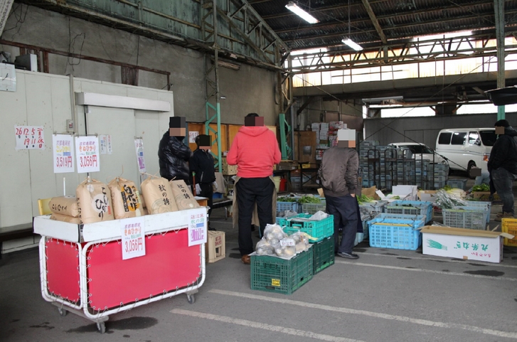 卸に来た京都の八百屋さん、農家さんが軽トラで野菜を運び込んできます