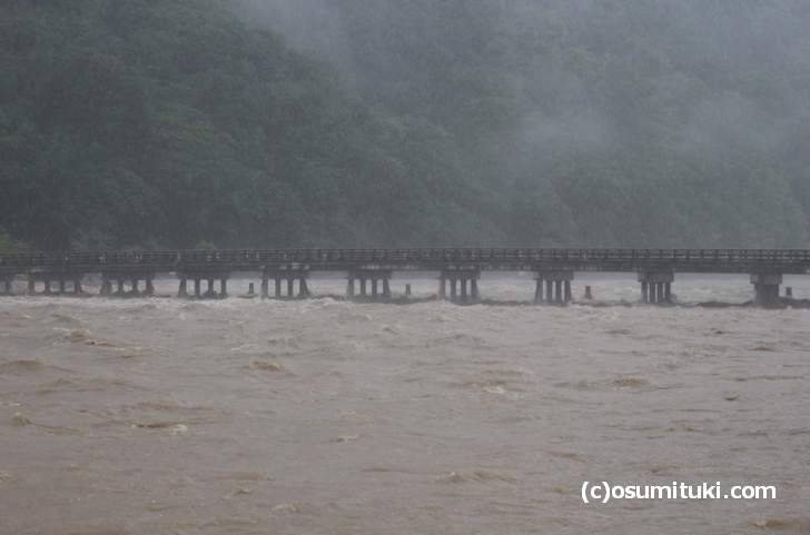 京都・嵐山の渡月橋、濁流の様子（2018年7月6日12時15分撮影）