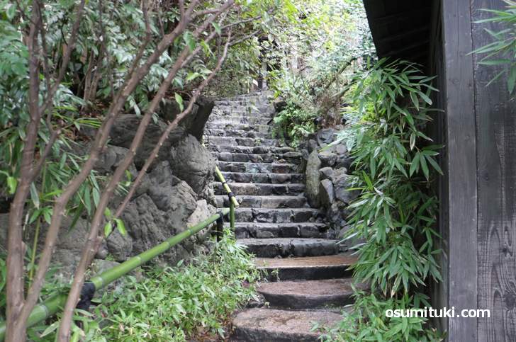 八坂神社の大鳥居脇の石段を上がるとお屋敷があります（柚子屋旅館一心居）