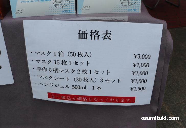 価格表(マスク)
