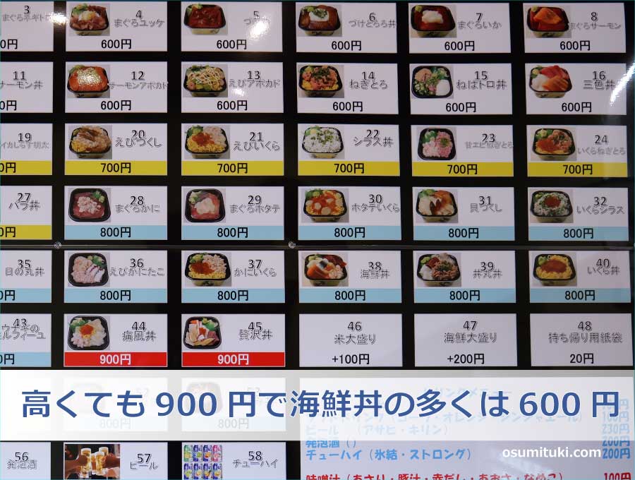 高くても900円で海鮮丼の多くは600円